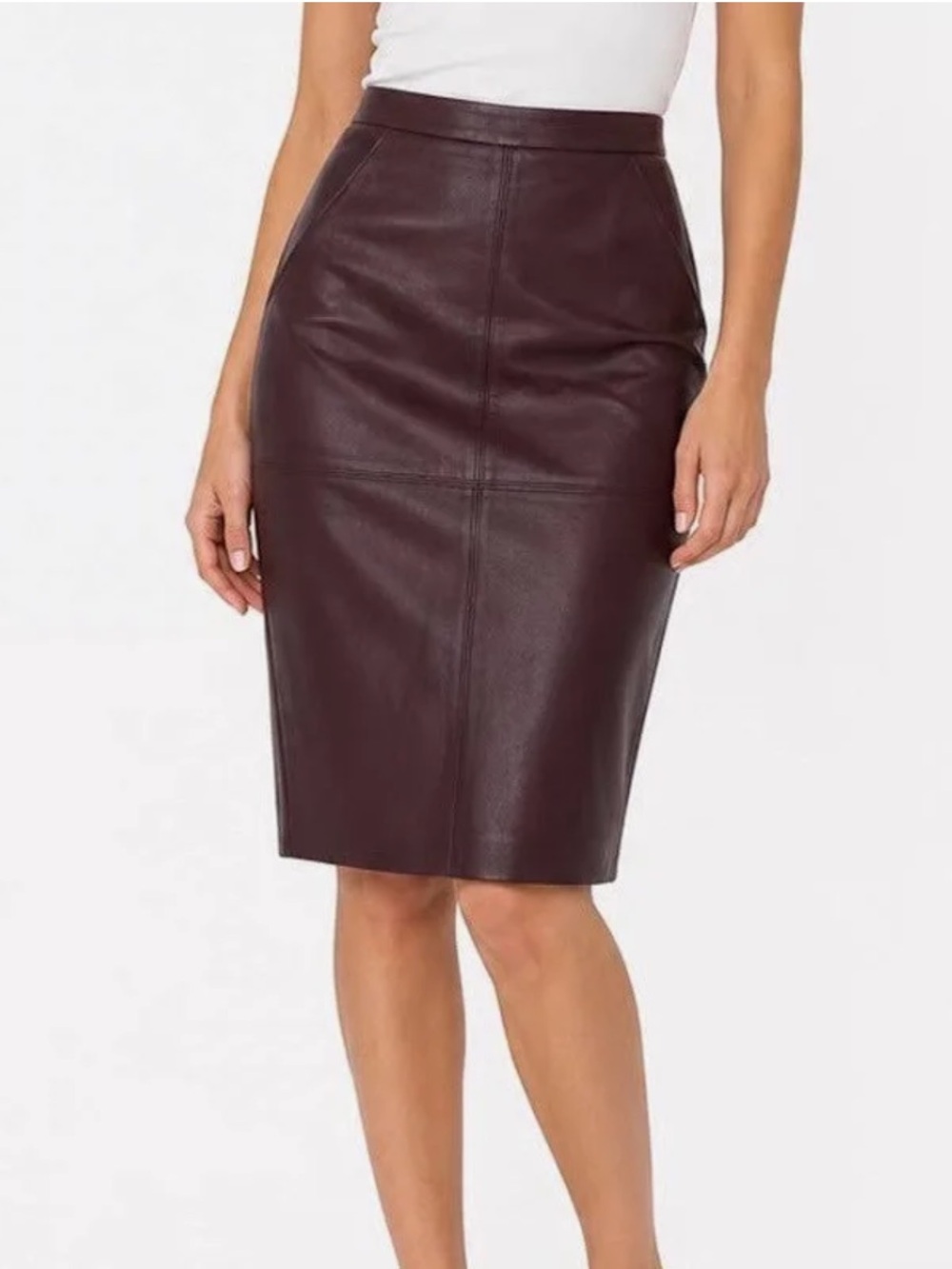 Express Womens Burgundy Faux Leather Pencil Skirt Midi High Waist